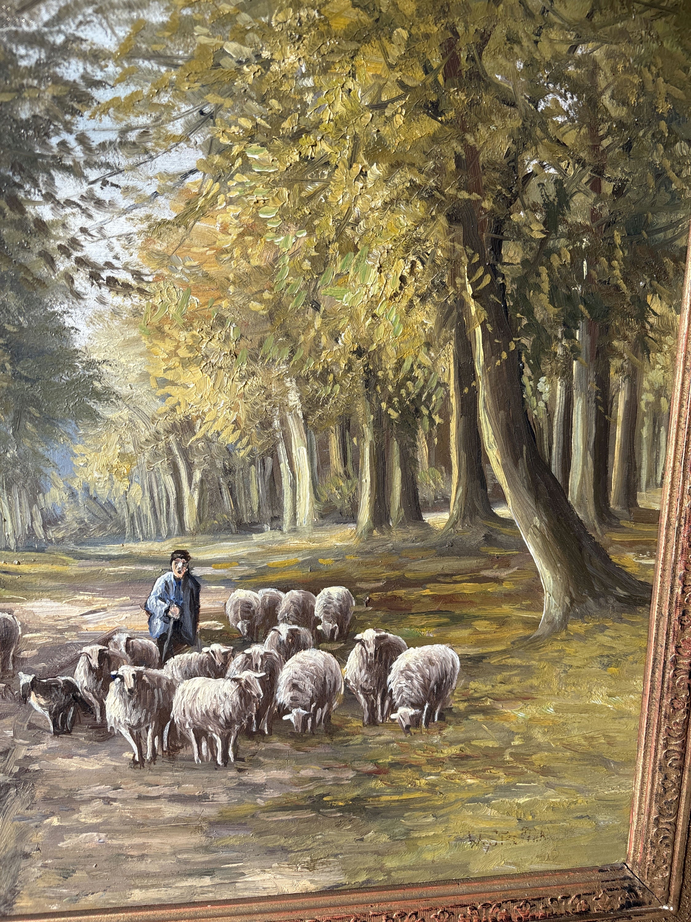 20th Century Vintage Autumn Forest Sheep Path Shepherd Oil Painting Authentic