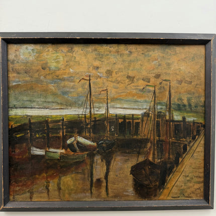 1864 Antique Harbor Scene Oil Painting "Moored Boats" Artwork Holland Art Shop