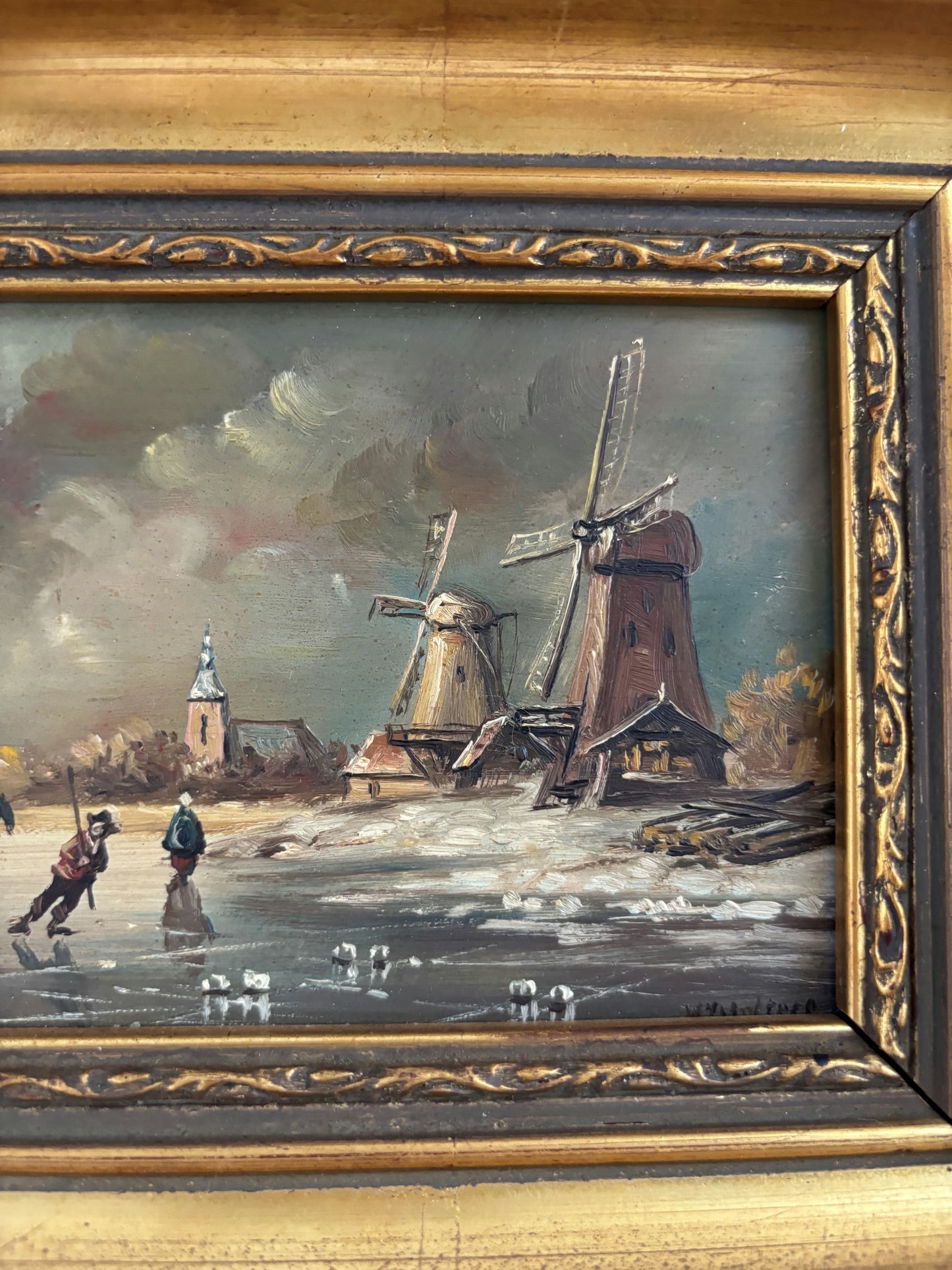 Figurative Oil Painting Winter Landscape "Ice Skaters Delight" Fine Small Art