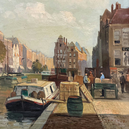 Handcrafted Harbor Scene Oil Painting "Canal Boat" Original Large Art Holland Art Shop