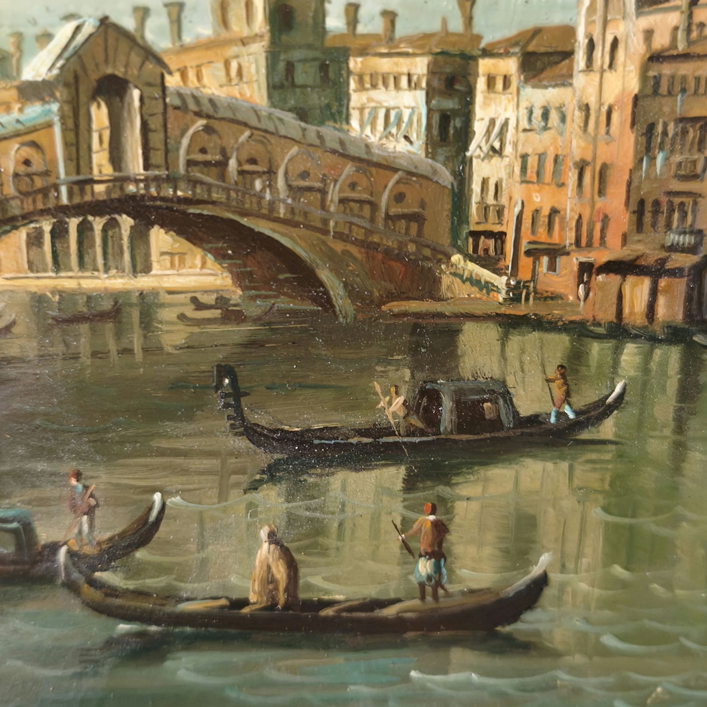 Beautiful Hand Painted Oil Painting Depicting Italy the City People and Boats
