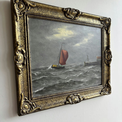 Refined Seascape Oil Painting "Red Sailboat" Vintage Small Art Holland Art Shop