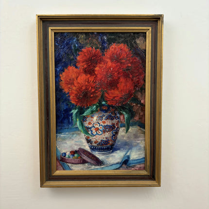 19th Century Antique Floral Still Life Oil Painting "Red Flowers" Art Holland Art Shop