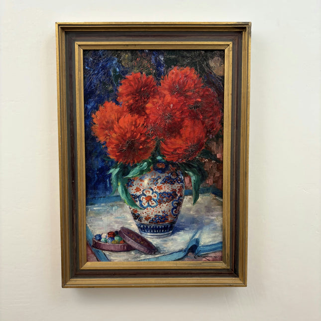 19th Century Antique Floral Still Life Oil Painting "Red Flowers" Art Holland Art Shop