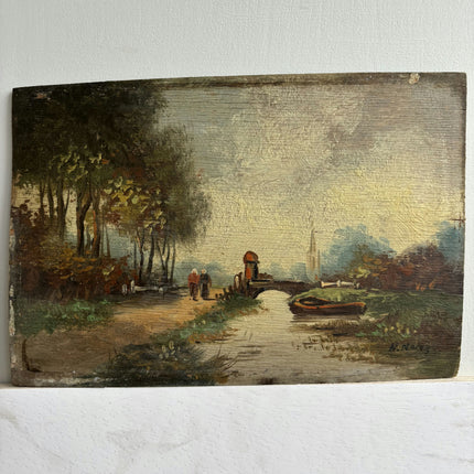 19th Century Antique Landscape Oil Painting "Rowboat Bay" Small Artwork Holland Art Shop
