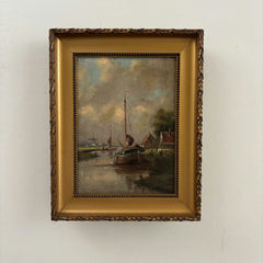 Antique Landscape Oil Painting "Sailboat Mast" Original Small Artwork Holland Art Shop