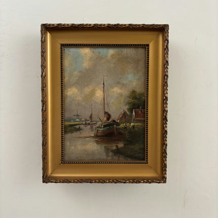Antique Landscape Oil Painting "Sailboat Mast" Original Small Artwork Holland Art Shop