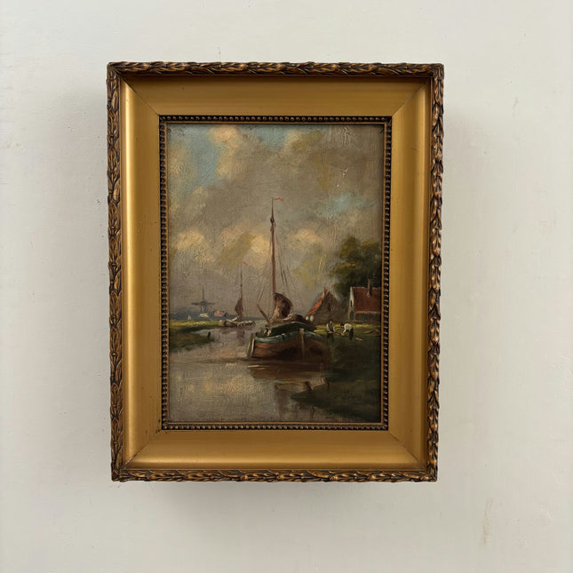 Antique Landscape Oil Painting "Sailboat Mast" Original Small Artwork Holland Art Shop