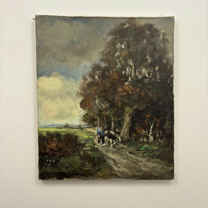 Vintage Landscape Oil Painting "Man With Cow" Elegant Art Holland Art Shop