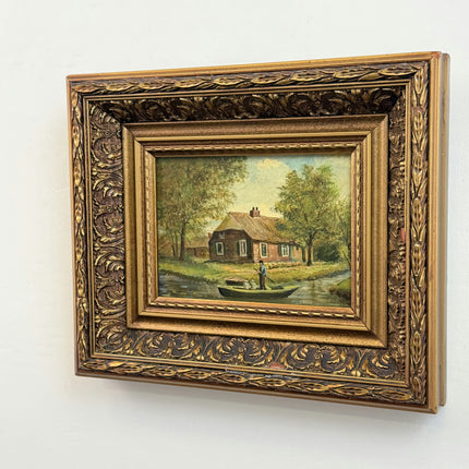 Original Landscape Oil Painting "River Boat" Traditional Small Art Holland Art Shop