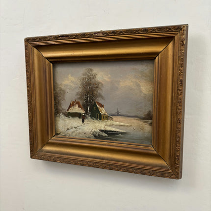 Original Winter Landscape Oil Painting "Snowy Cottages" Rustic Small Artwork Holland Art Shop
