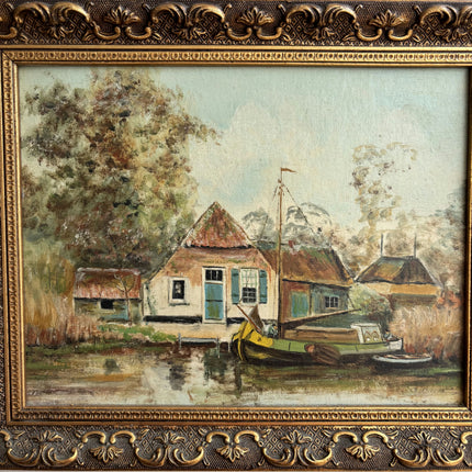 Rustic Harbor Scene Oil Painting "Thatched House" Original Small Artwork Holland Art Shop
