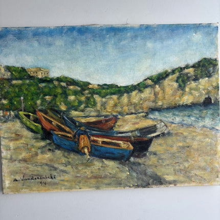 Elegant Seascape Oil Painting "Rowboats Beach" Vintage Artwork Holland Art Shop