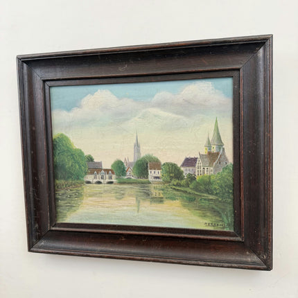 Detailed Cityscape Oil Painting "Riverside Village" Refined Art Holland Art Shop
