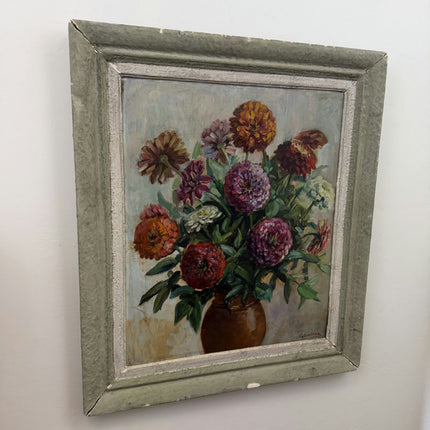 Elegant Floral Still Life Oil Painting "Zinnia Bouquet" Vintage Large Artwork Holland Art Shop