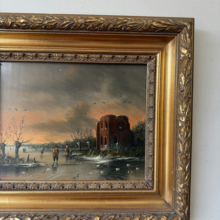 Vintage Oil Painting Winter Landscape "Ice Fishing Scene" Handcrafted Small Art Holland Art Shop