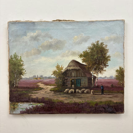 Antique Farm Oil Painting "Thatched Cottage" Detailed Art Holland Art Shop