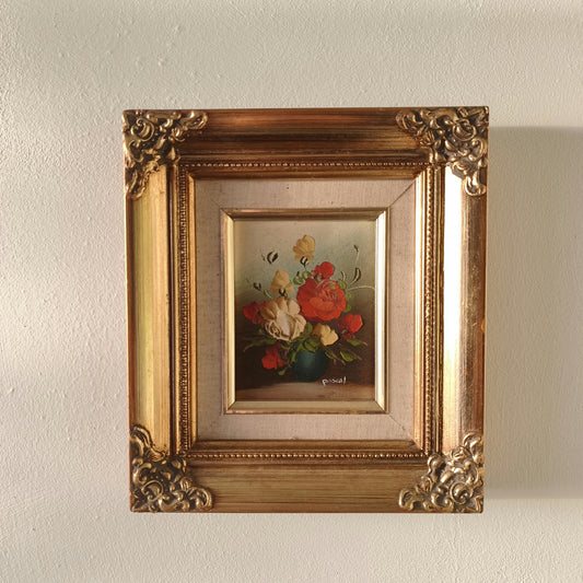 Vintage "Cream Roses" Green Vase Floral Vintage Small Sized Oil Painting