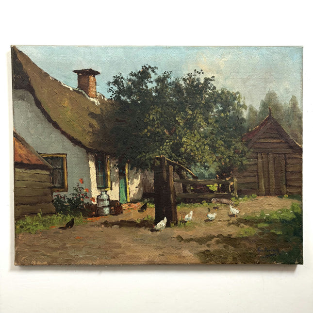 Rustic Farm Oil Painting "White Ducks" Vintage Large Art Holland Art Shop