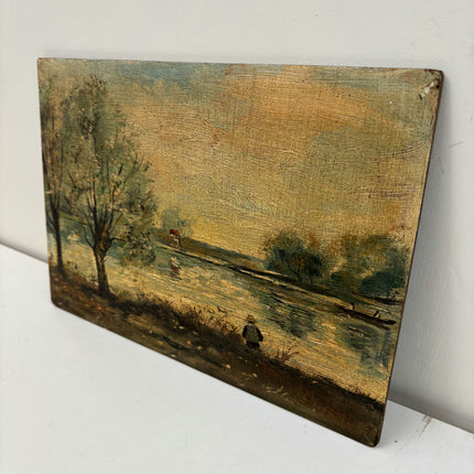 19th Century Antique Landscape Oil Painting "Wooden Board" Small Artwork Holland Art Shop