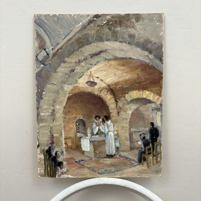 Classic Church Interior Oil Painting "Altar Priests" Refined Small Artwork Holland Art Shop