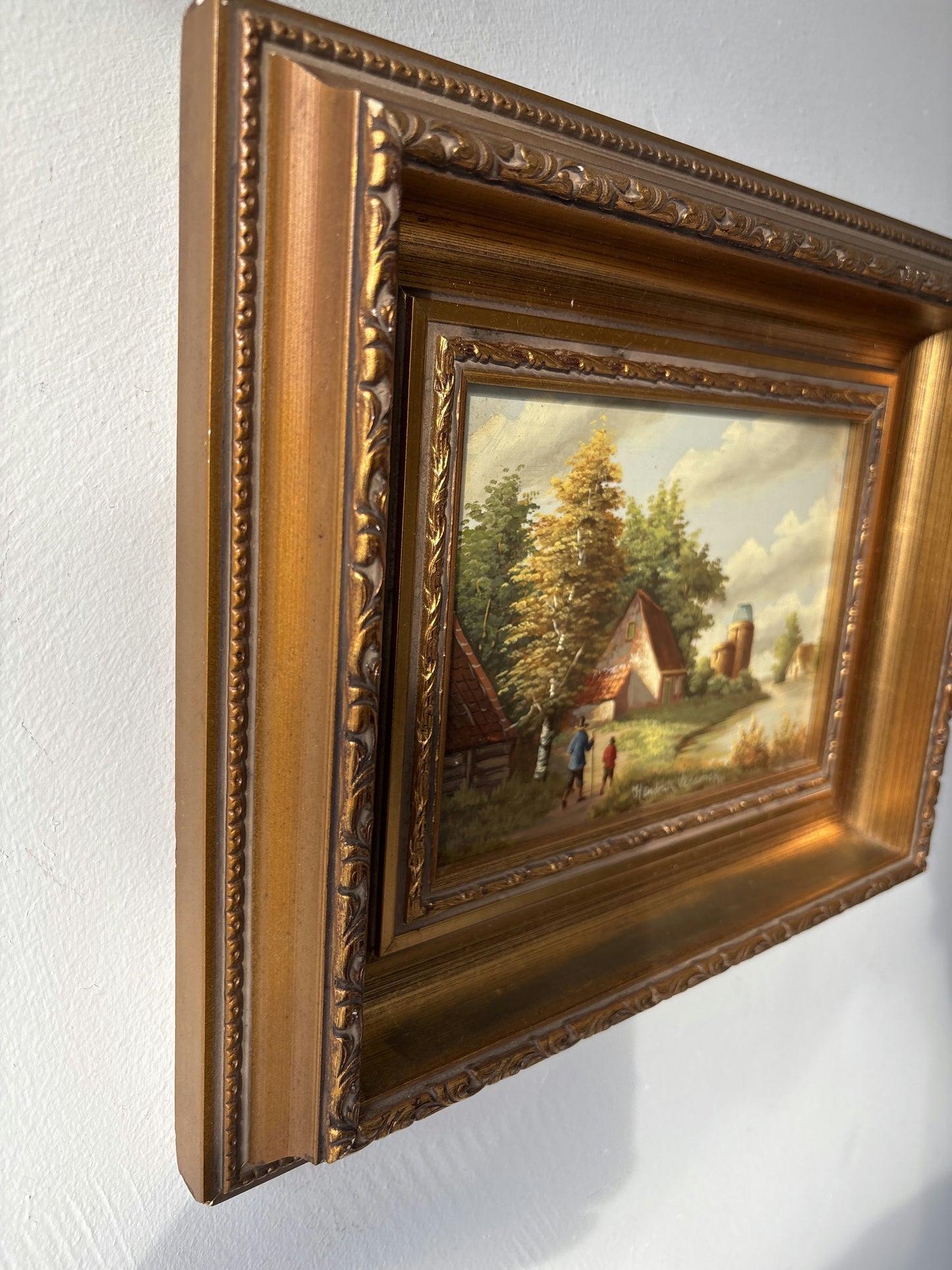 Antique Around 1920 Country Cottage Trees River Path Oil Painting Authentic