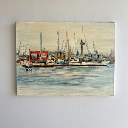 Handcrafted Harbor Scene Oil Painting "Harbor Boats" Elegant Small Artwork Holland Art Shop