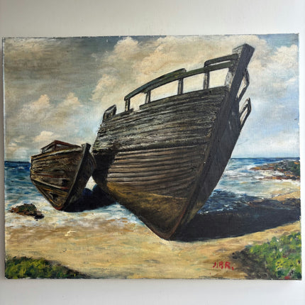 Detailed Seascape Oil Painting "Abandoned Boat" Handcrafted Large Art Holland Art Shop