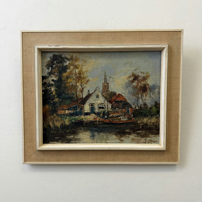 Timeless Farm Oil Painting "Riverside Cottage" Vintage Small Art Holland Art Shop