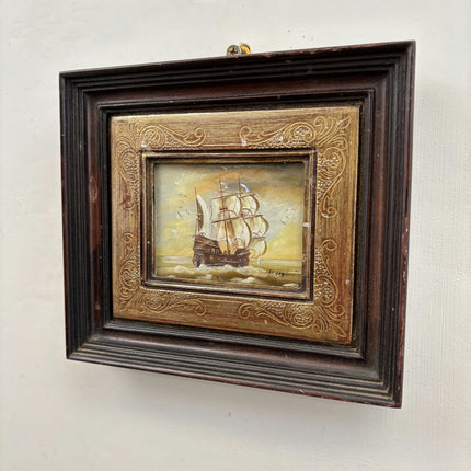 Vintage Seascape Oil Painting "Sailing Ship" Rustic Small Artwork Holland Art Shop