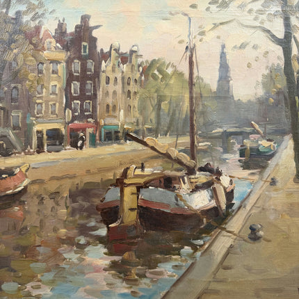 Elegant Cityscape Oil Painting "Canal Boats" Traditional Artwork Holland Art Shop