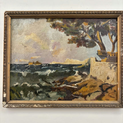 19th Century Antique Seascape Oil Painting "Coastal Cliff" Small Artwork Holland Art Shop