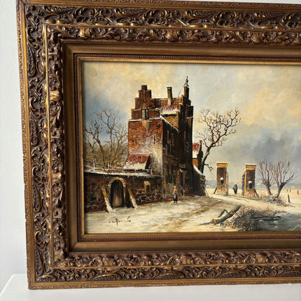 19th Century Antique Brick Building Snow Trees Skaters Oil Painting Authentic - HollandArtShop