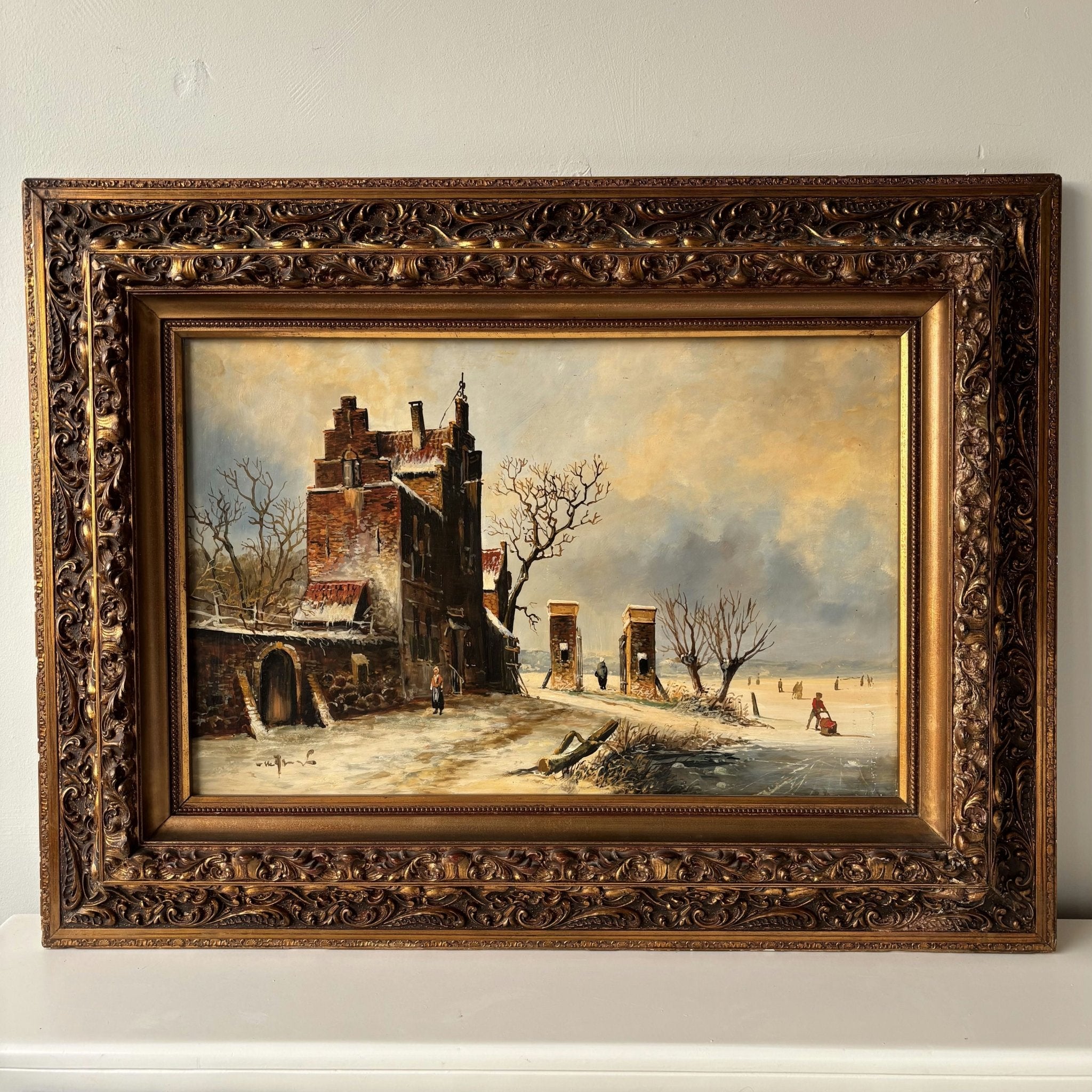 19th Century Antique Brick Building Snow Trees Skaters Oil Painting Authentic - HollandArtShop