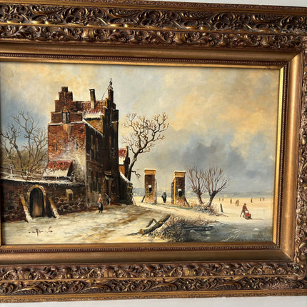 19th Century Antique Brick Building Snow Trees Skaters Oil Painting Authentic - HollandArtShop