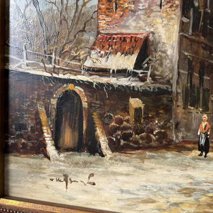 19th Century Antique Brick Building Snow Trees Skaters Oil Painting Authentic - HollandArtShop