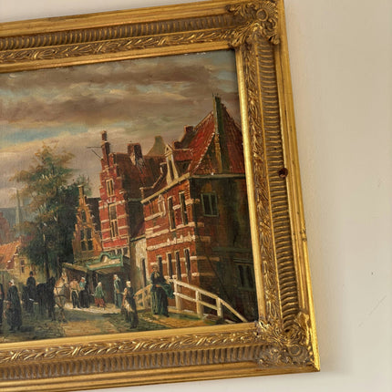 19th Century Cityscape Oil Painting "Market Scene" Belgique Art - HollandArtShop