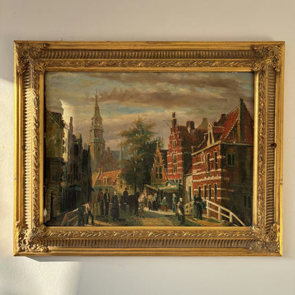 19th Century Cityscape Oil Painting "Market Scene" Belgique Art - HollandArtShop