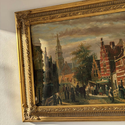19th Century Cityscape Oil Painting "Market Scene" Belgique Art - HollandArtShop