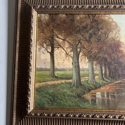 19th Century Dutch Landscape Oil Painting Bridge Trees Signed Original - HollandArtShop