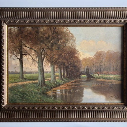 19th Century Dutch Landscape Oil Painting Bridge Trees Signed Original - HollandArtShop