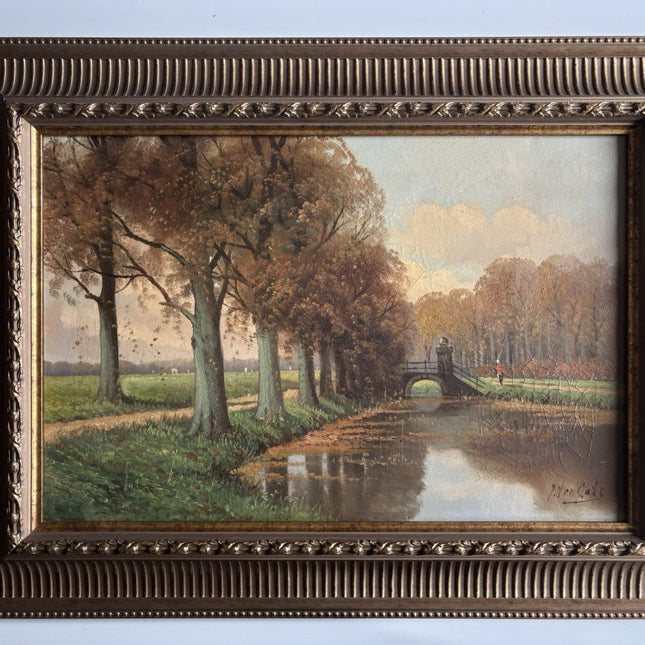 19th Century Dutch Landscape Oil Painting Bridge Trees Signed Original - HollandArtShop