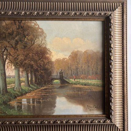 19th Century Dutch Landscape Oil Painting Bridge Trees Signed Original - HollandArtShop
