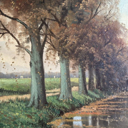 19th Century Dutch Landscape Oil Painting Bridge Trees Signed Original - HollandArtShop