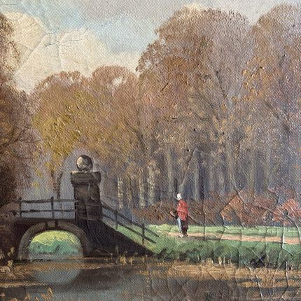 19th Century Dutch Landscape Oil Painting Bridge Trees Signed Original - HollandArtShop