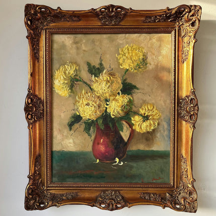 19th Century Elegant Yellow Chrysanthemums Red Pitcher Oil Painting Antique - HollandArtShop