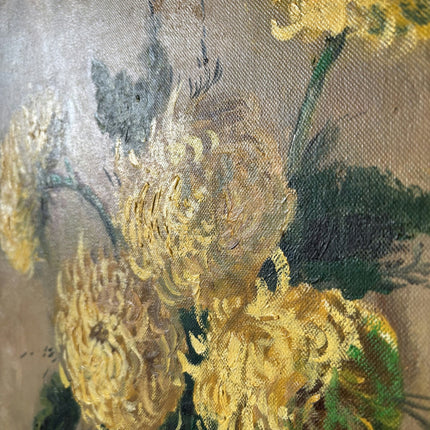 19th Century Elegant Yellow Chrysanthemums Red Pitcher Oil Painting Antique - HollandArtShop