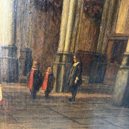 19th Century Gothic Church Interior Columns Figures Light Antique Oil Painting - HollandArtShop