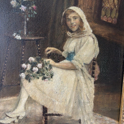 19th Century “LADY WITH FLOWERS” Antique Oil Painting Romantic Portraiture Women - HollandArtShop