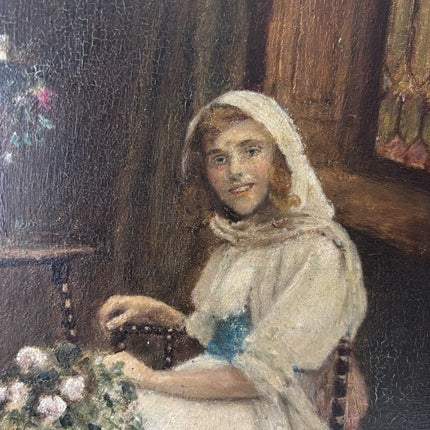 19th Century “LADY WITH FLOWERS” Antique Oil Painting Romantic Portraiture Women - HollandArtShop